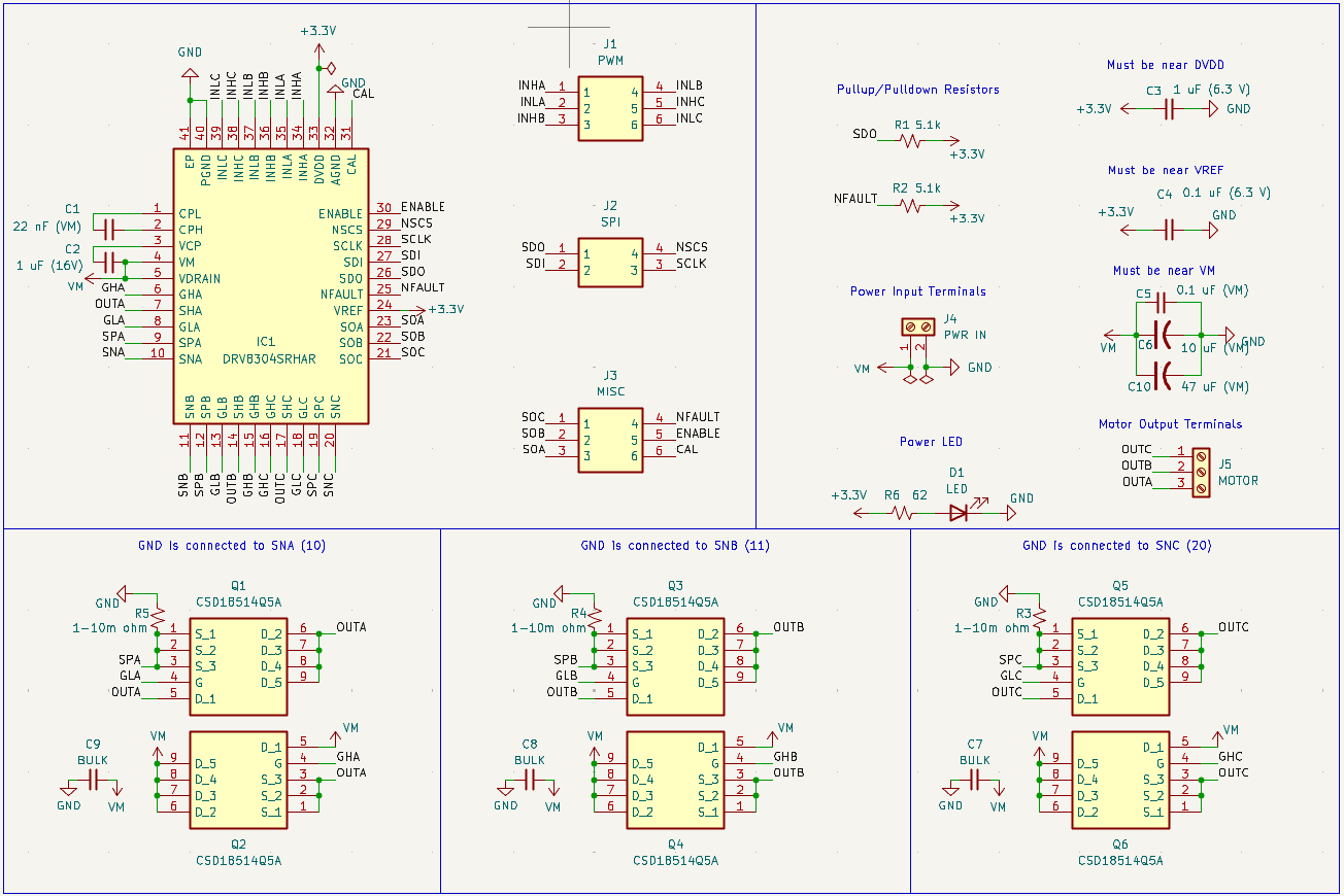 The KiCAD schematic for the DRV8304 BLDC controller board.