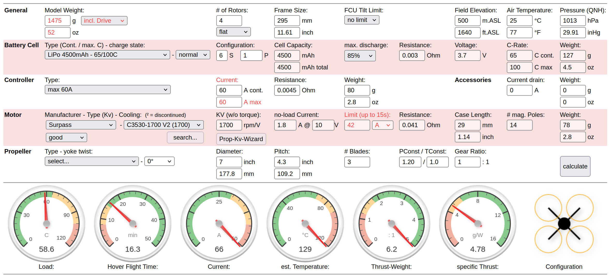 The estimated TWR from Ecalc with my old propellers