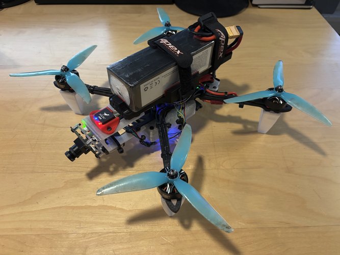An isometric photo of the finished drone.