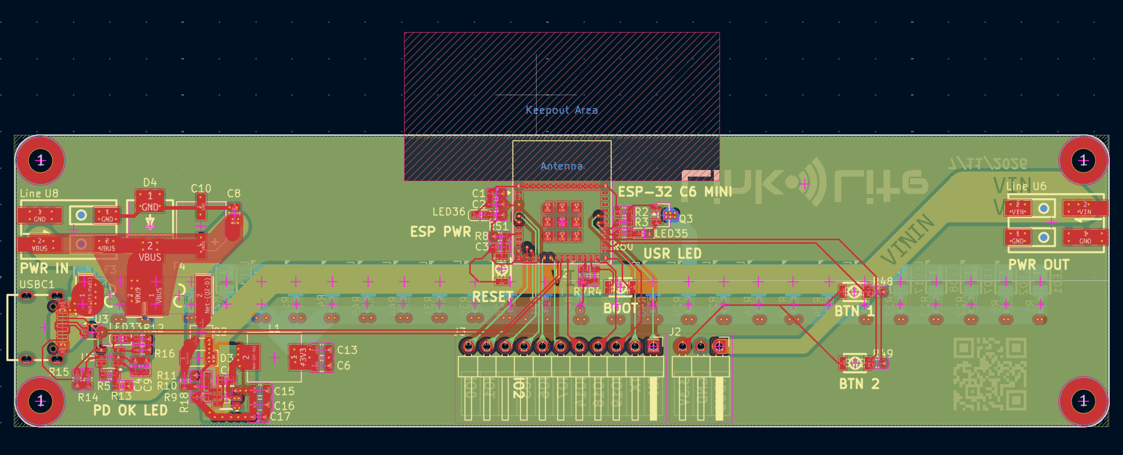 A screenshot from KiCad of the back side of the PCB layout.