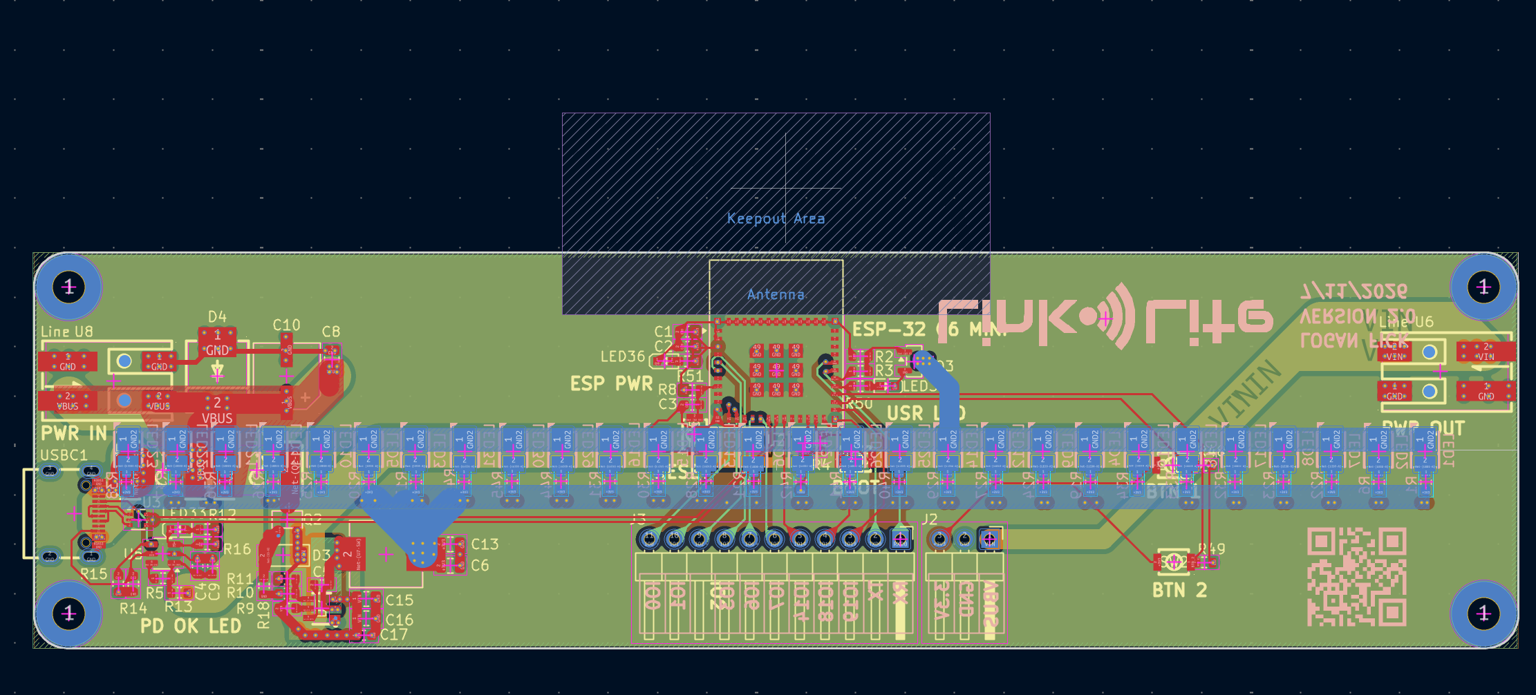 A screenshot from KiCad of the front side of the PCB layout.
