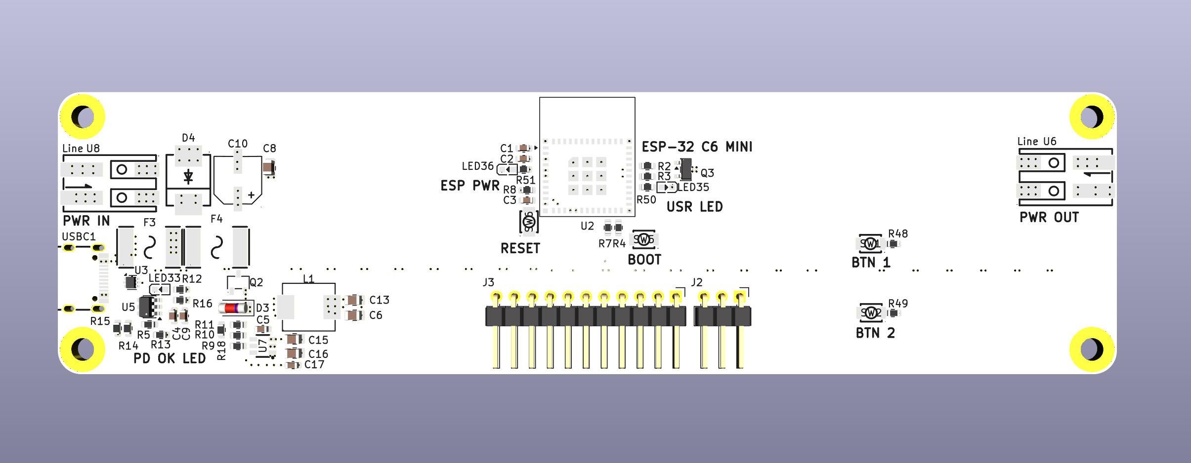A screenshot from KiCad of the back side of the PCB render.