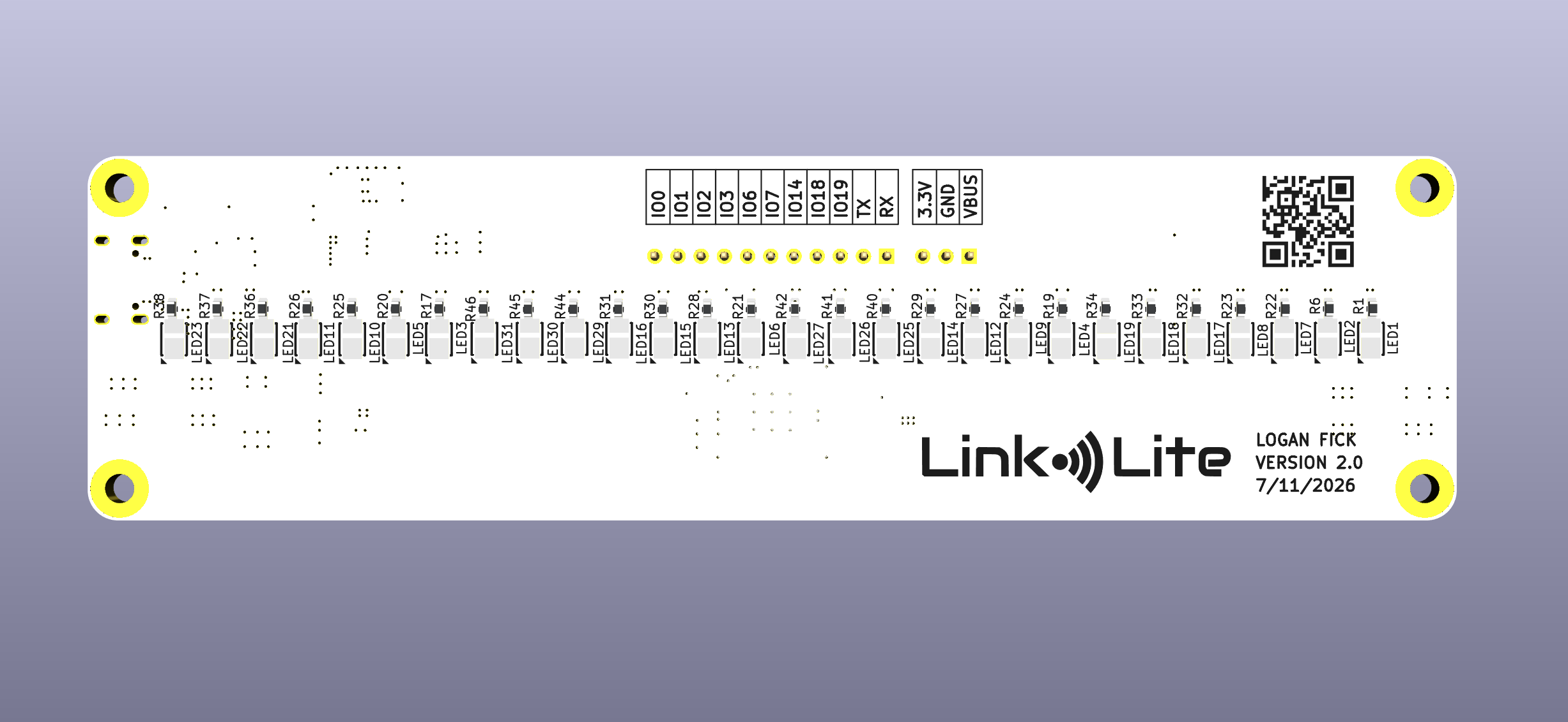 A screenshot from KiCad of the front side of the PCB render.