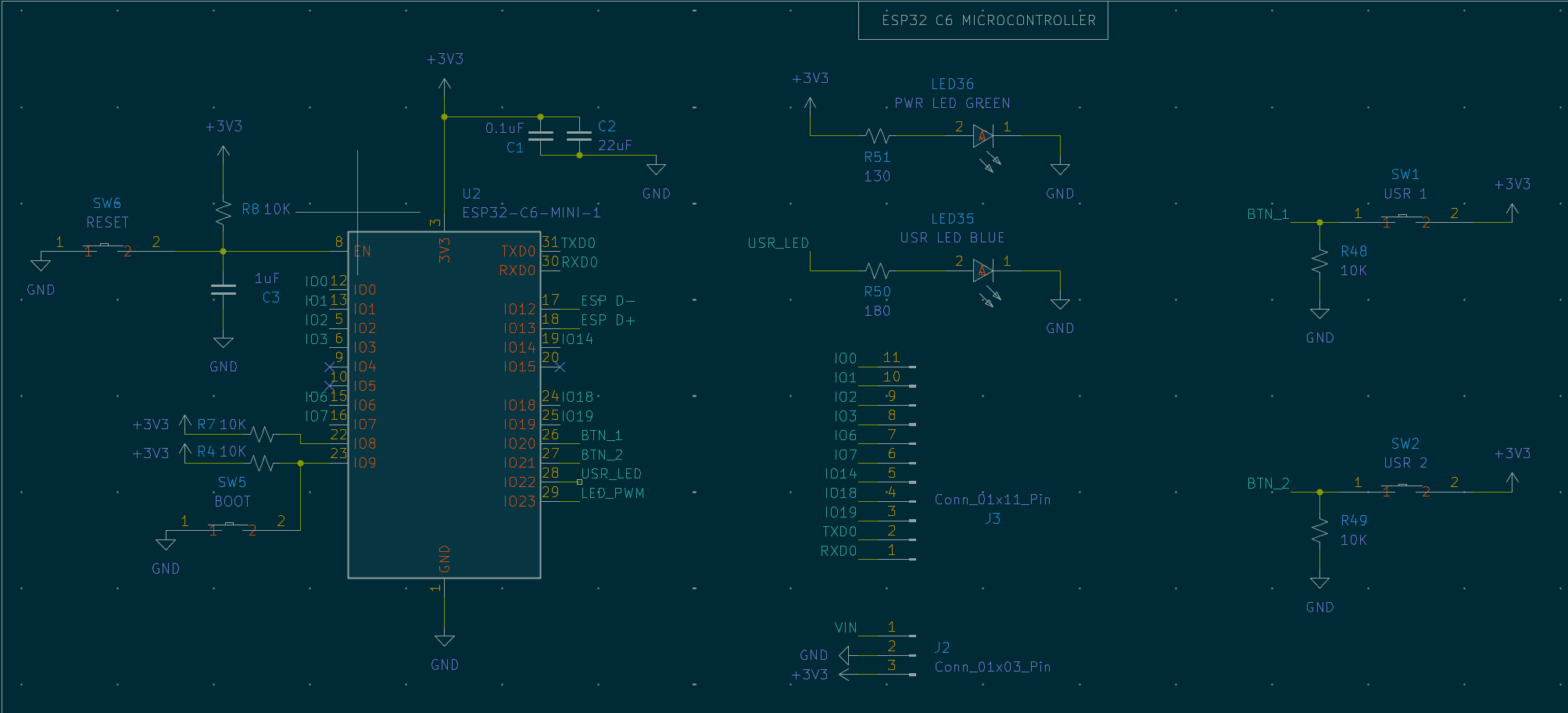 A screenshot from KiCad of the microcontroller section of the PCB schematic.