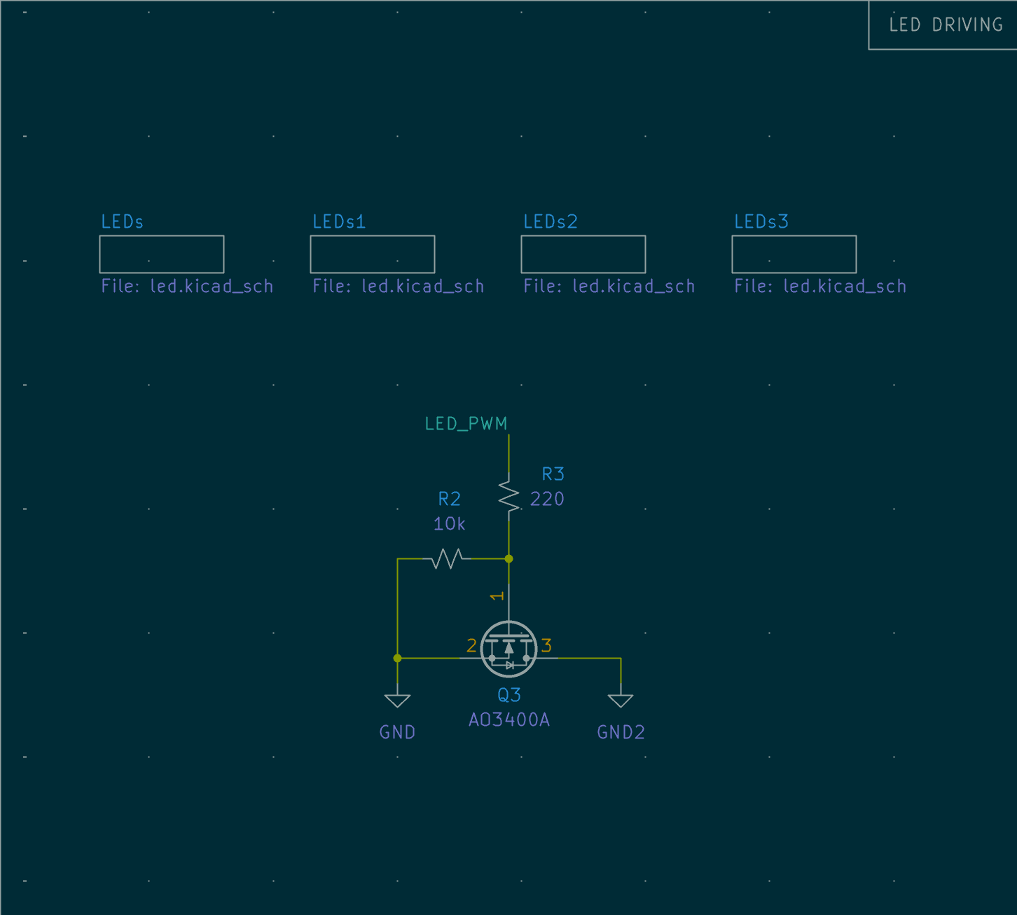 A screenshot from KiCad of the low-side mosfet section of the PCB schematic.