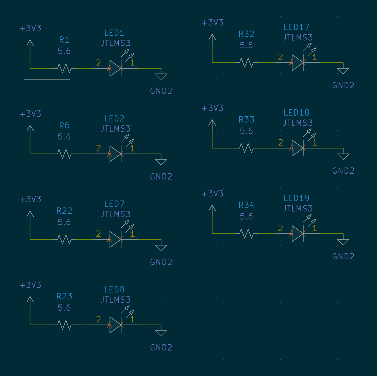 A screenshot from KiCad of the led section of the PCB schematic.