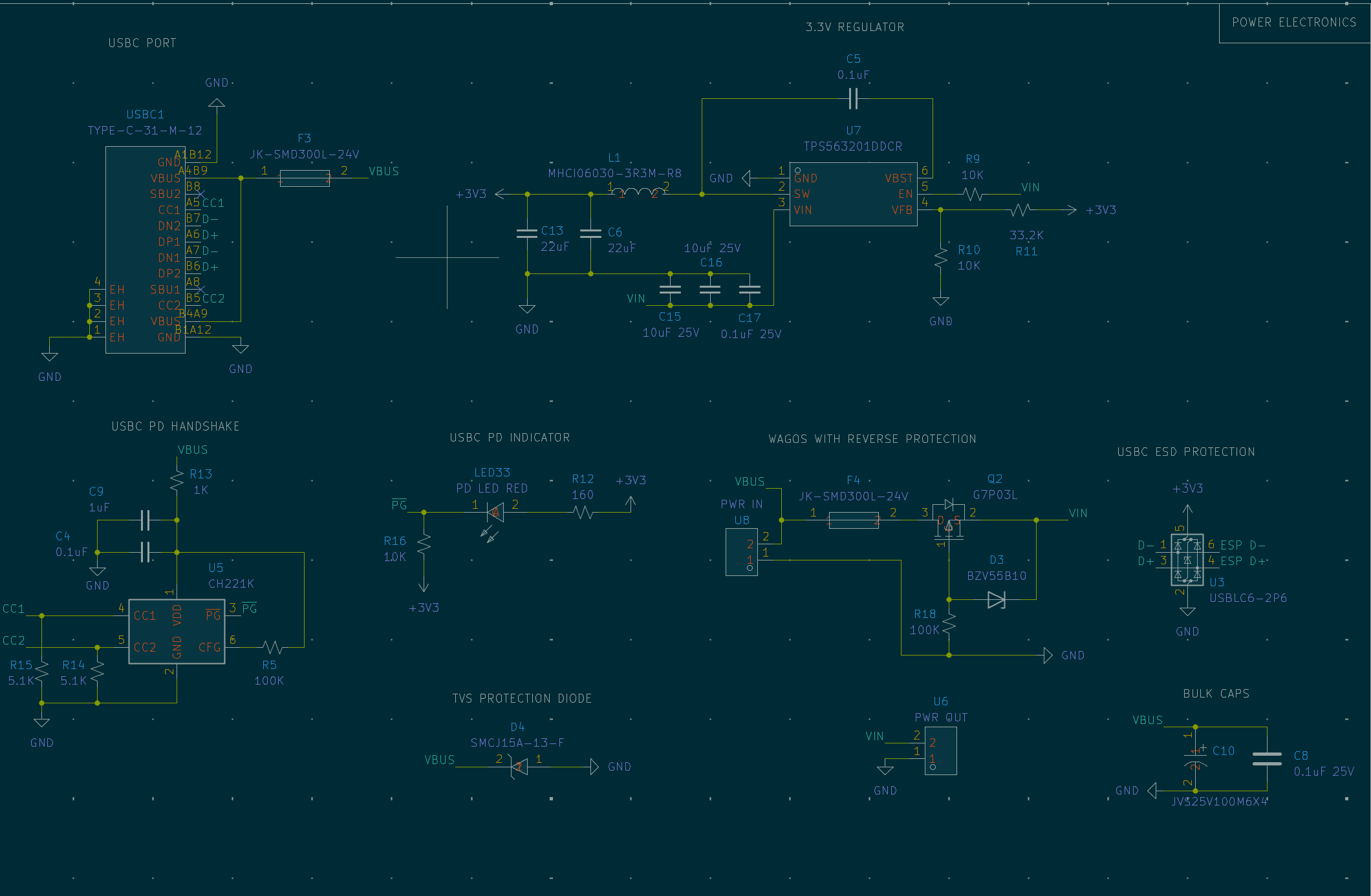 A screenshot from KiCad of the power electronics section of the PCB schematic.